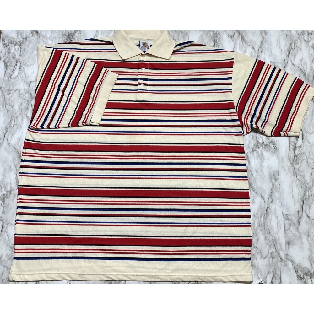 Old Skool Polo Shirt Mens Size 5X Beige Red Blue Striped Short Sleeve‎